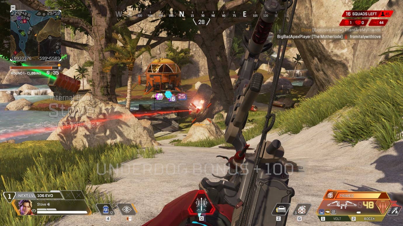 Sniping enemies with explosive arrows in Apex Legends Season 25.